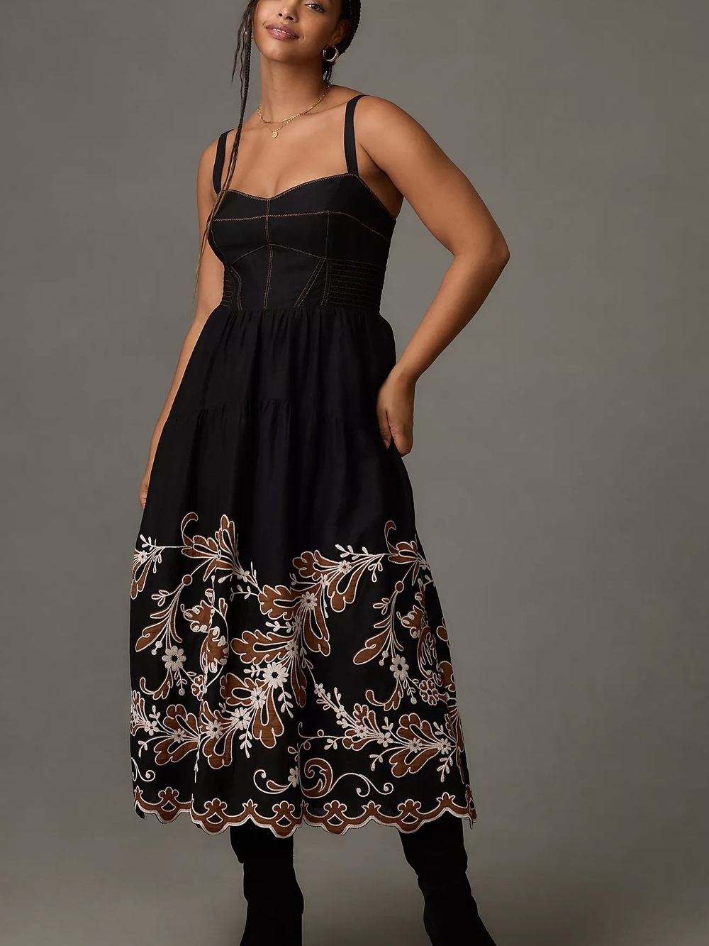 Anthropologie Black Midi Dress with Brown & Cream Floral Embroidery